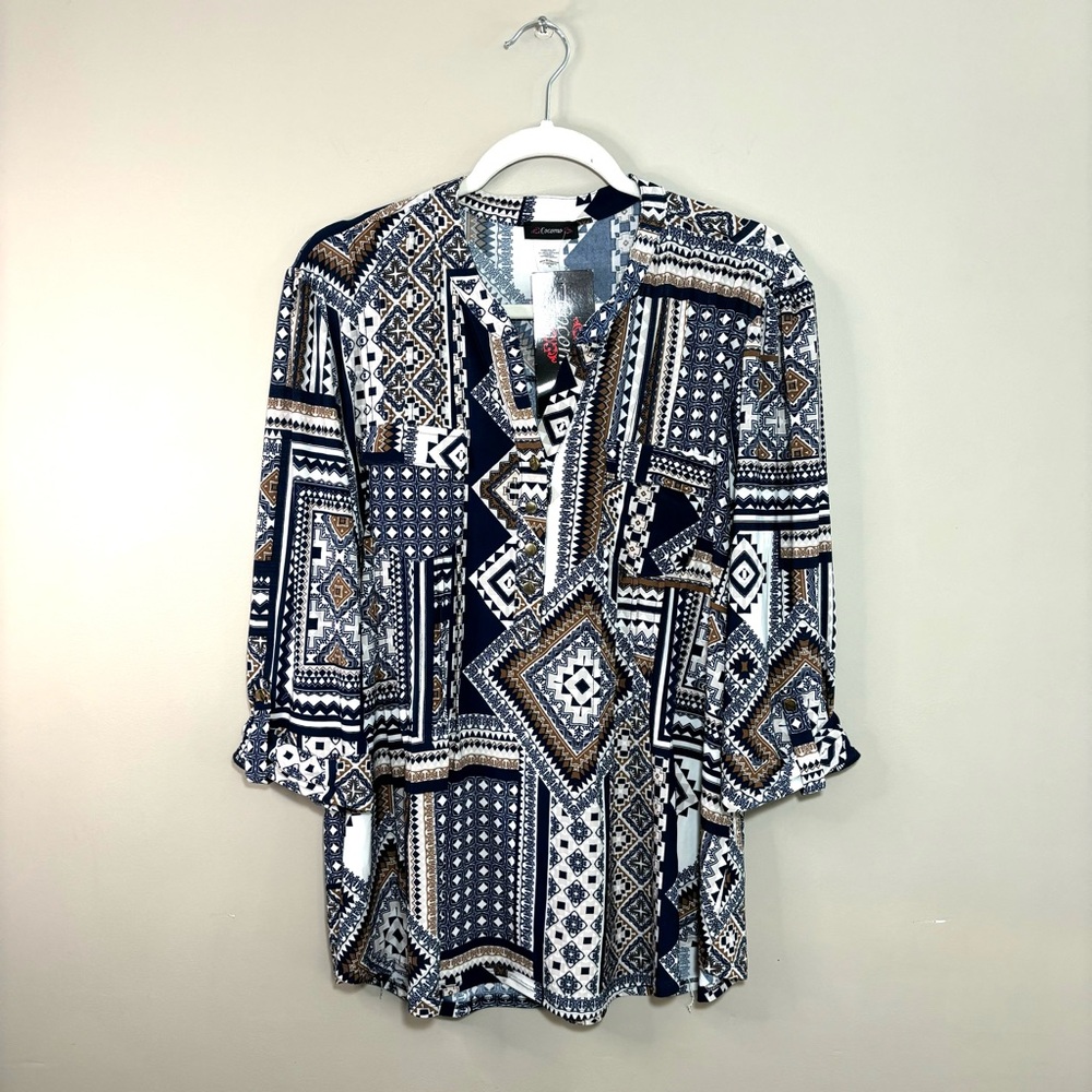 Cocomo NWT Tunic Blouse XL Geometric Boho Multicolor Navy Brown V-Neck Flowy Top